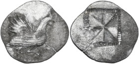 Sicily. Himera. AR Drachm, c. 530-520/15 BC. Obv. Cock standing right. Rev. Incuse square with mill-sail pattern in segmented square. HGC 2 420; Kraay...