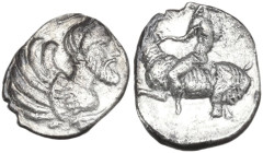 Sicily. Himera. AR Litra, c. 470-450 BC. Obv. Forepart of winged horned monster with human head and lion's legs, standing right. Rev. [IMEPAION] Youth...