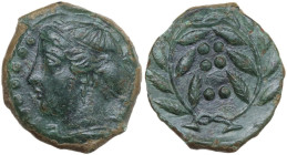 Sicily. Himera. AE Hemilitron-Hexonkion, c. 415-409 BC. Obv. Female head left, wearing sphendone; before, six pellets. Rev. Six pellets; all within la...