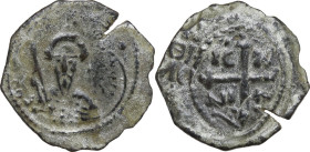 Antioch. Tancred, Regent (1101-1103, 1104-1112). AE Follis. Obv. Bust of Tancred wearing turban and holding sword in right hand. Rev. Ornate cross; IC...