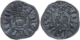 Messina. Enrico VI di Svevia (1194-1197) col figlio Federico. Denaro. Sp. 32 var; Travaini 1993 8 var; D'Andrea 51. MI. 0.65 g. 16.00 mm. Esemplare co...