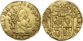 Milano. Filippo II di Spagna (1556-1598). Doppia 1589. CNI 155/164; Crippa 4/F2; MIR (Milano) 301/9. AU. 6.52 g. 26.00 mm. Foro riparato, altrimenti. ...