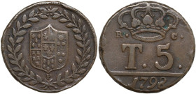 Napoli. Ferdinando IV di Borbone (1759-1816). 5 tornesi 1798 P. P/R 100; MIR (Napoli) 392/2. CU. 12.84 g. 25.00 mm. BB.