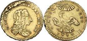 Palermo. Carlo di Borbone (1734-1759). Oncia d'oro 1735, senza sigle. Sp. 53; MIR (Sicilia) 564/1. AU. 4.42 g. 22.00 mm. Graffietti da aggiustamento p...