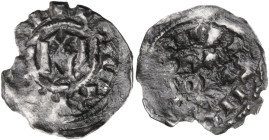 Pavia. Lotario II (945-950). Denaro. CNI 1/9; Limido-Fusconi 13. AG. 0.92 g. 19.00 mm. RR. Piccolissimo forellino e tondello irregolare. qBB/BB.