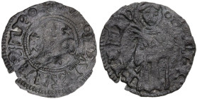 Pesaro. Carlo, Pandolfo e Galeazzo Malatesta (1429-1438). Quattrino. CNI tav. XXIV, 2; Cav. PS 1. MI. 0.67 g. 17.00 mm. RRR. Tondello leggermente ondu...