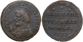 Roma. Pio VI (1775-1799), Giovanni Angelo Braschi. Sampietrino da due baiocchi e mezzo 1797. CNI 346; M. 99a; Berm. 2990. CU. 16.06 g. 30.00 mm. BB.