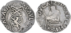 Spoleto. Paolo II (1464-1471), Pietro Barbo. Bolognino marchigiano. CNI 25/29; M. 84; Berm. 441. AG. 0.78 g. 17.00 mm. RR. Tondello irregolare. BB.