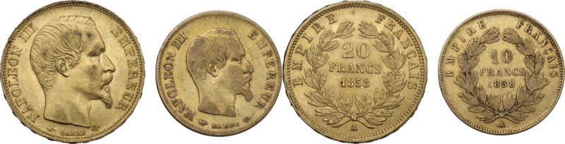 France. Napoleon III (1852-1870). Lot of two (2) coins: 20 francs 1858 A and 10 ...
