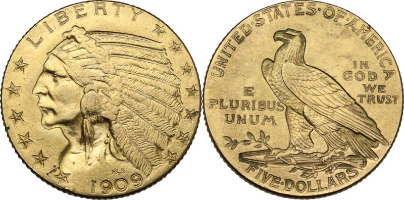 USA. 5 dollars 1909 'Indian Head', Philadelphia mint. KM 129; Fried. 148. AV. 8....