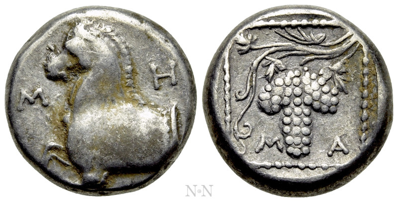 THRACE. Maroneia. Triobol (Circa 377-365 BC). 

Obv: M - H - T. 
Forepart of ...