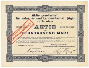 AG für Industrie und Landwirtschaft (Agil) zu Potsdam. Aktie 10 000 Mark April 1923, unentwertetes Stück aus der Druckerei Robert Müller Potsdam WGB...