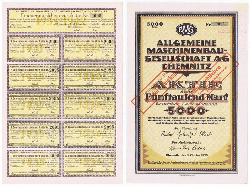 Allgemeine Maschinenbau-Gesellschaft AG Chemnitz. Aktie 5000 Mark 8.10.1923 rück...