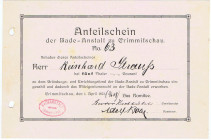 Bade-Anstalt zu Crimmitschau Anteilschein 5 Thaler 1.4.1873, hs. Unterschriften Abheftlochung WGB