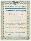 Badische Beamten-Genossenschaftsbank e.G.m.b.H. und Badische Beamten-Bank, Karlsruhe. Geschäftsanteil-Bescheinigung über 25 Gold-Mark 1925 und 75 Reic...