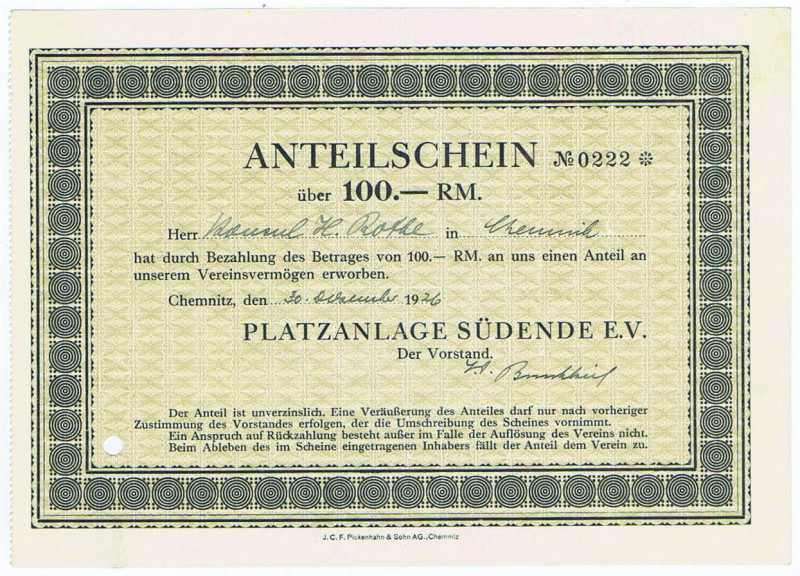 Chemnitz Platzanlage Südende e.V. Anteilschein 100 RM 30.12.1926 mit hs. Untersc...