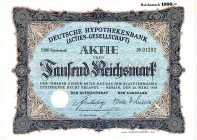 Deutsche Hypothekenbank Berlin Aktie 1000 Mark 24.3.1928, von dieser Ausgabe wurden nur 1500 Stück bei G&D gedruckt VZL+