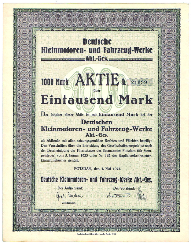 Deutsche Kleinmotoren und Fahrzeugwerke AG Potsdam Aktie 1000 Mark 1.Mai 1923 un...
