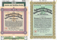 Deutsches Reich 3 Stück: Anleihe 1922 Schuldverschreibung 2000 Mark, Schatzanweisungen 1000 RM 6.2.1941 und 100 RM 14.7.1943, 2x mit Kuponbögen, 1x Kl...