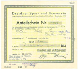 Dresdner Spar- und Bauverein eGmbH Anteilschein 200 RM 28.08.1944. Älteste Dresdner Baugenossenschaft gegr. 1898. Im Reichsbankschatz fanden sich 6 An...