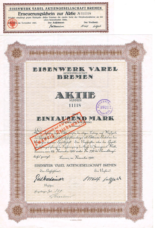 Eisenwerk Varel AG Bremen Aktie 1000 Mark November 1921 Großformat mit Kupons WG...