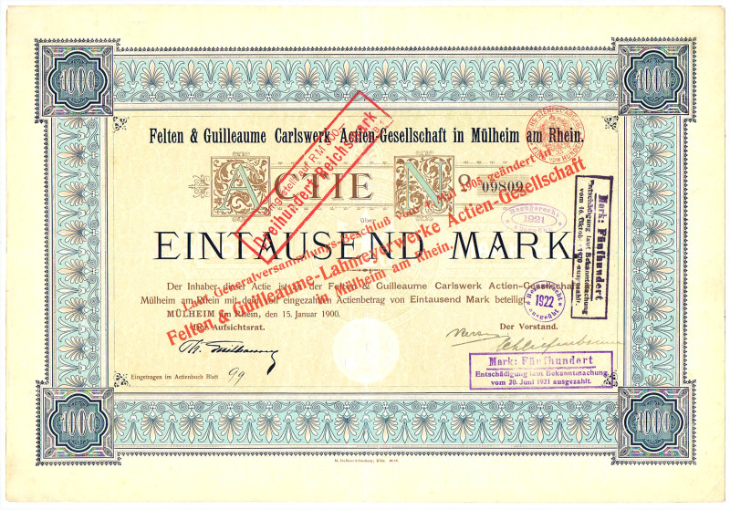 Felten- & Guilleaume Carlswerk AG in Mühlheim am Rhein Gründeraktie 1000 Mark 15...