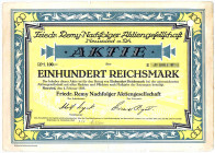 Friedr. Remy Nachfolger AG Bimsbaustoffwerk Neuwied a. Rhein Aktie Nr.0001 100 RM 4.2.1925 Art Deco Gestaltung mit Fabrikansicht im Unterdruck RB kl. ...