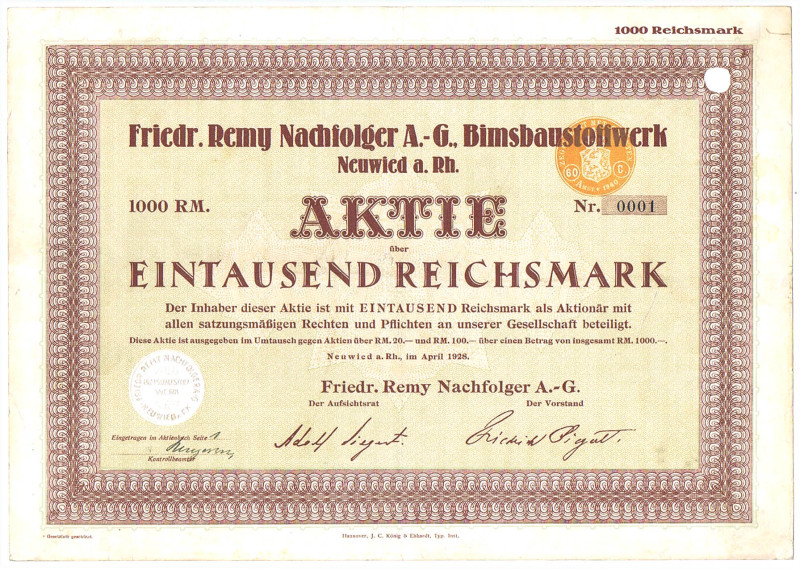 Friedr. Remy Nachfolger AG Bimsbaustoffwerk Neuwied a. Rhein Aktie Nr.0001 1000 ...