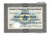 Gebrüder Junghans AG Schramberg Aktie 100 RM Dezember 1931 unentwertet, in dieser Form und Erhaltung selten FKF