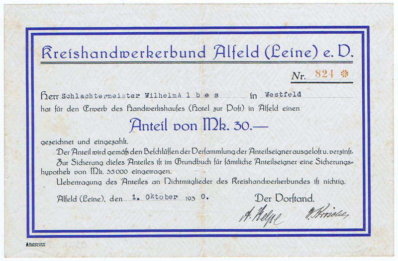 Kreishandwerkerbund Alfeld (Leine) Anteil Mk. 30,- 1.Oktober 1930 hs. Unterschri...