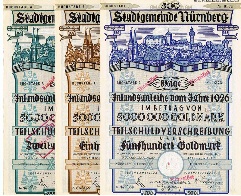 Nürnberg, auf Goldmark lautende Anleihe vom Februar 1926, 5 Stück Bst.A,B,C,D,E ...