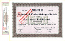 Papierfabrik Köslin Aktie No.444 über 1000 RM 31.8.1906, Großformat von G&D in bester Erhaltung KFR