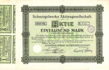 Schmirgelwerke AG Berlin (Potsdam) Konvolut mit 3 sehr selten angebotenen unentwerteten Aktien: 1000 Mark Januar 1923, 20 RM 14.10.1924 und 100 RM Feb...