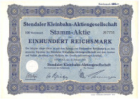 Stendaler Kleinbahn-AG Stamm-Aktie 100 RM 25.2.1929, selten angebotenes unentwertetes Exemplar