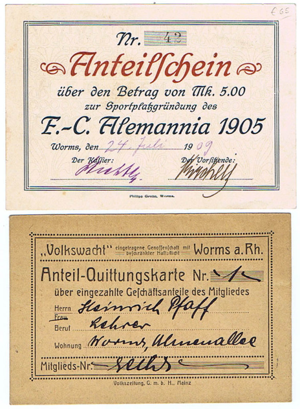 Worms F.C. Alemannia 1905 und Volkswacht e.G.m.b.H. 2 Anteilscheine von 1909 und...