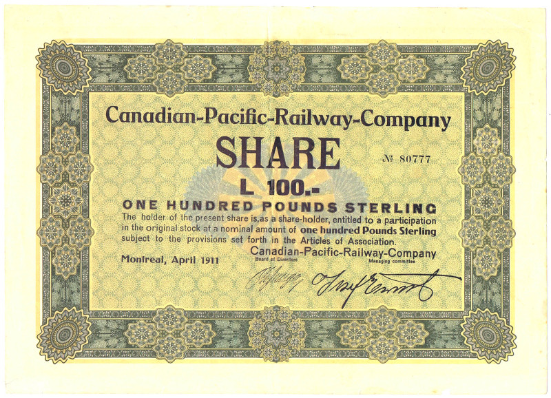 Canadian-Pacific-Railway-Company Montreal Share über 100 Pfund Sterling April 19...