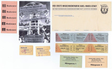 Karl-Marx-Stadt VEB ERSTE MASCHINENFARIK Briefkopf und 5er Streifen Bockwurstmarken, 2 Essenmarken VEB Wolfram-Zinnerz Pechtelsgrün i.V. u.a. gute Erh...