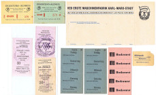 Karl-Marx-Stadt VEB ERSTE MASCHINENFARIK Briefkopf und 5er Streifen Bockwurstmarken, 2 Essenmarken VEB Wolfram-Zinnerz Pechtelsgrün i.V. u.a. gute Erh...