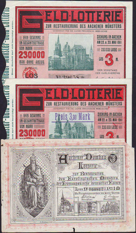 Aachener Dombau-Lotterie, 3 Lose 1881-1911 1x Eckrandfehler GEB-VZL