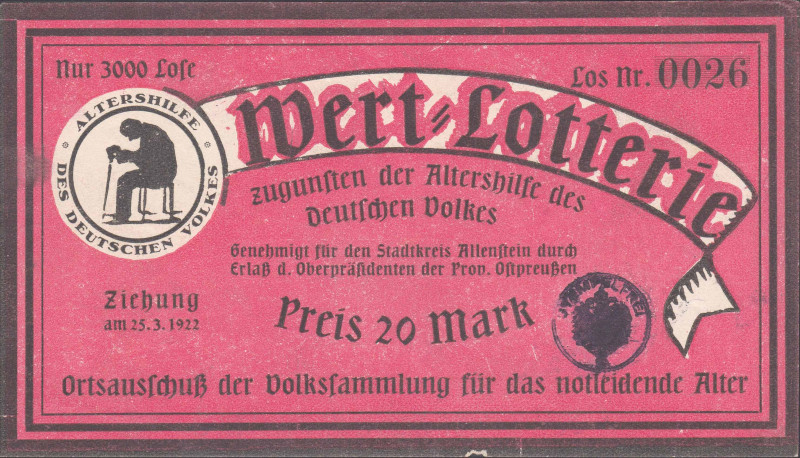 Allenstein Altershilfe des deutschen Volkes Los 20 Mark 1922 VZL