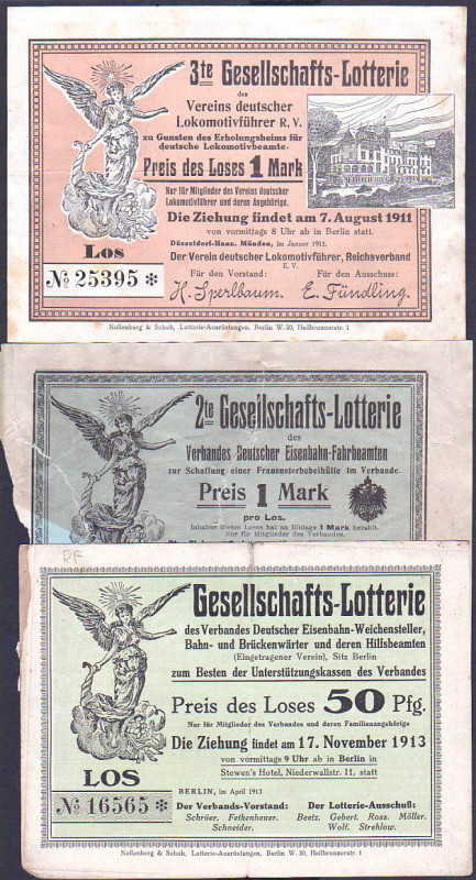 Berlin 3 Lose verschiedener Vereine der Bahnbeschäftigten 1907,1911,1913 GEB-SGB...