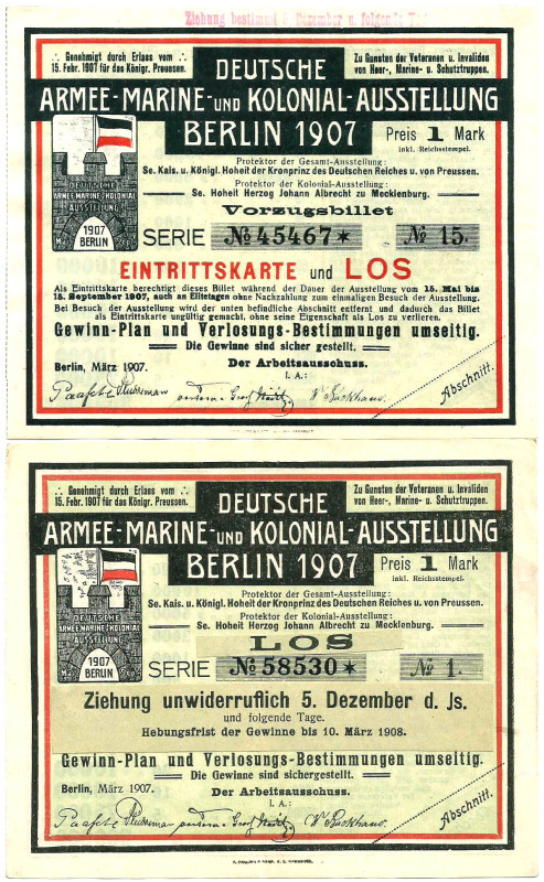 Berlin 2 Lose Deutsche Armee-Marine- und Kolonialausstellung 1907, Entwurf Rudol...