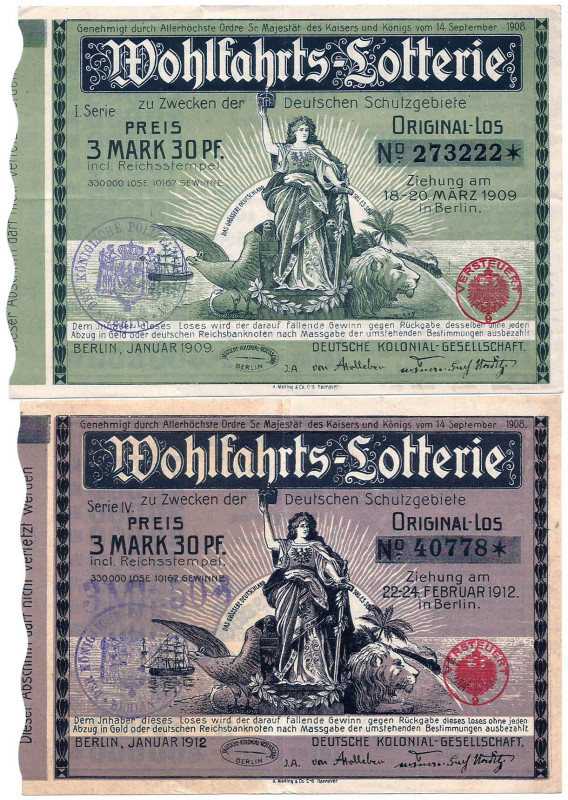 Berlin 2 Lose Deutsche Kolonialgesellschaft 1909 und 1912 VZL