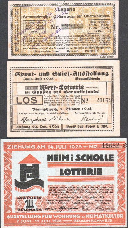 Braunschweig 3 Lose 1920 und 1925 u.a. Opferwoche für Oberschlesien VZL-KFR