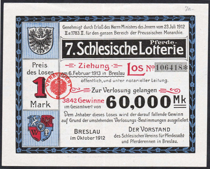 Breslau Los 1912 Schlesische Pferdelotterie VZL+