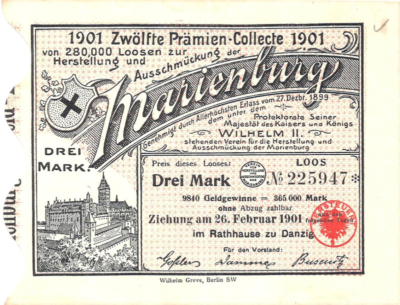 Danzig 2 Lose Verein zur Herstellung und Ausschmückung der Marienburg 1886 und 1...