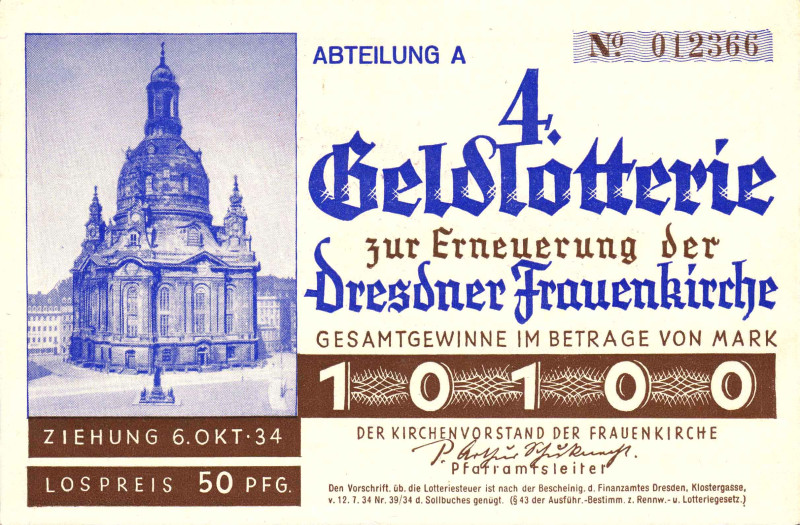 Dresden Los zur Erneuerung der Dresdner Frauenkirche 1934 VZL+
