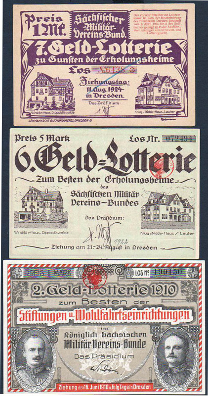 Dresden 3 Lose Sächsischer Militär-Vereins-Bund 1910, 1922, 1924 VZL-FKF