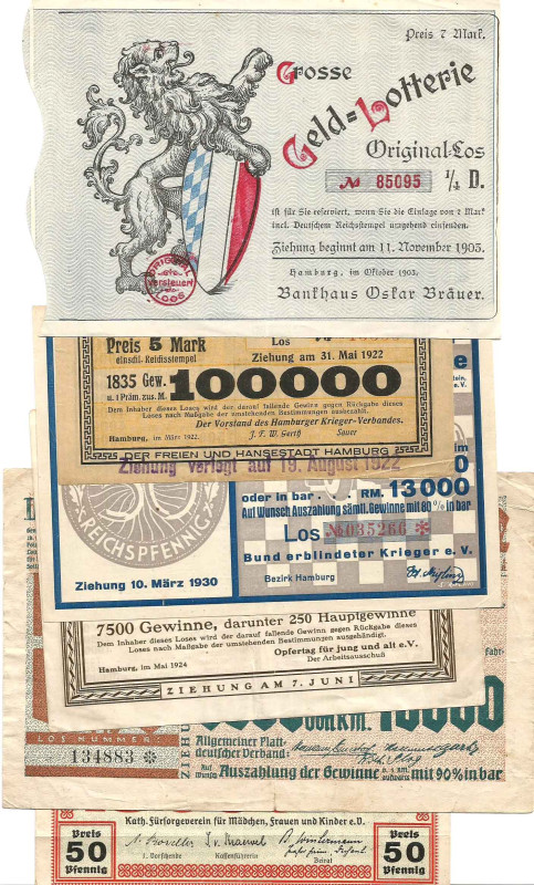 Hamburg 11 verschiedene Lose und eine Lotteriewerbung 1903-1933 SGB-FKF