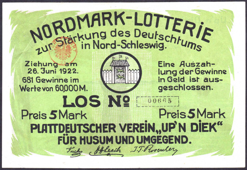 Husum Los Nordmarklotterie 1922 ohne den späteren Überdruck, selten VZL